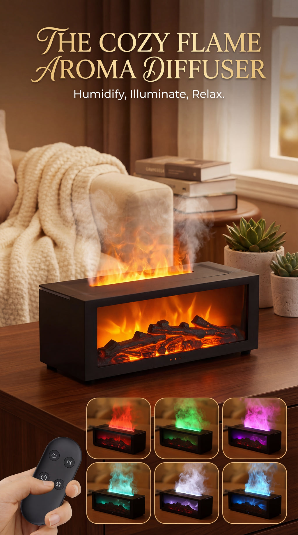 Flame Aroma Diffuser & Humidifier with 7-Color LED Mood Light